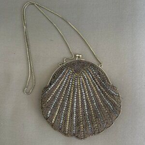 VTG Le Regale Beaded Clutch Purse Gold Silver Chain Strap Satin Lining PROM